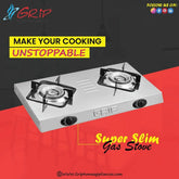 Grip Table Gas Stove 2-N5-S Cast Iron Burner With Stainless Steel Cap Automatic Piezo Ignition Brand Warranty - Onestopmall.pk